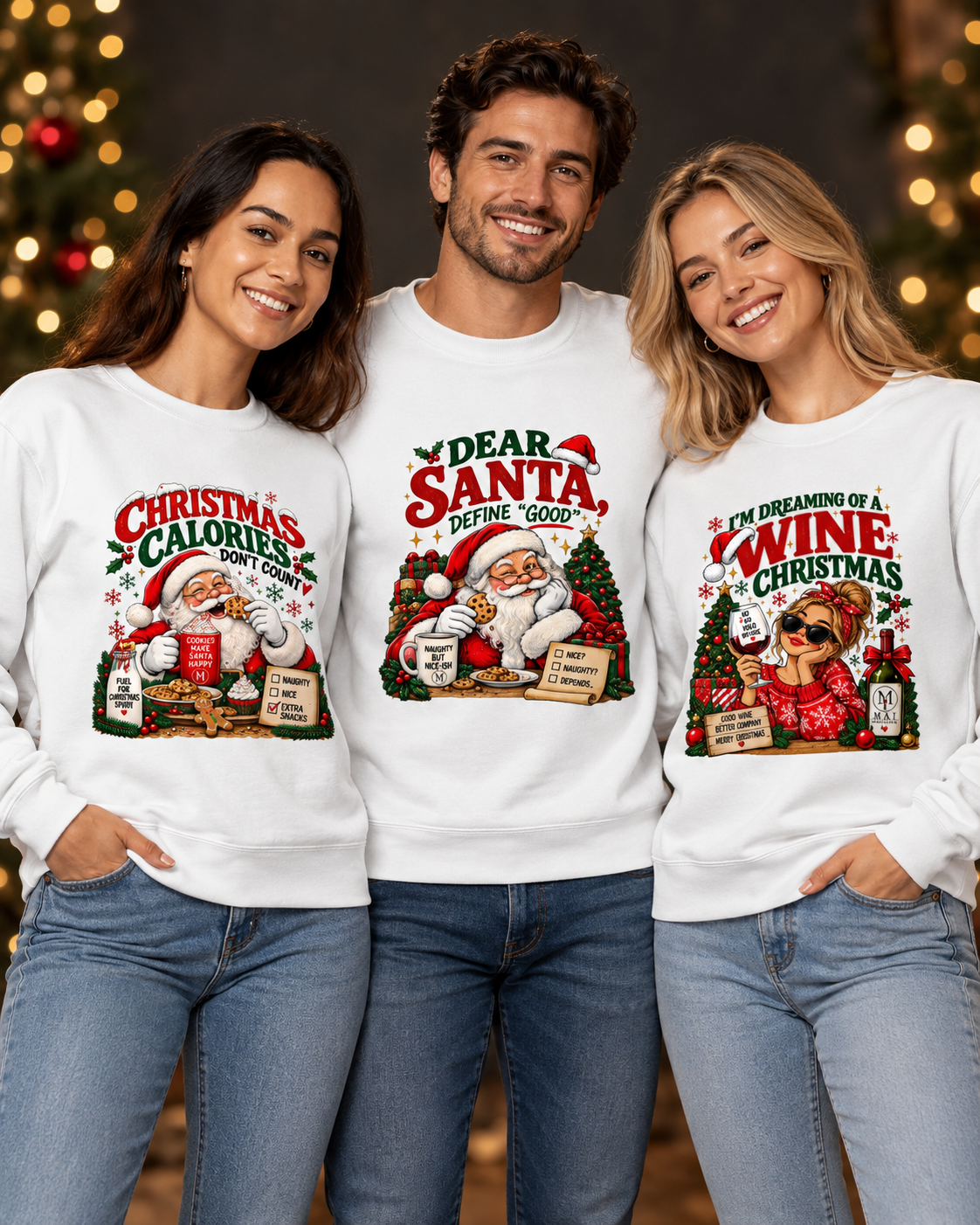 Three models wearing MAI Christmas sweatshirts