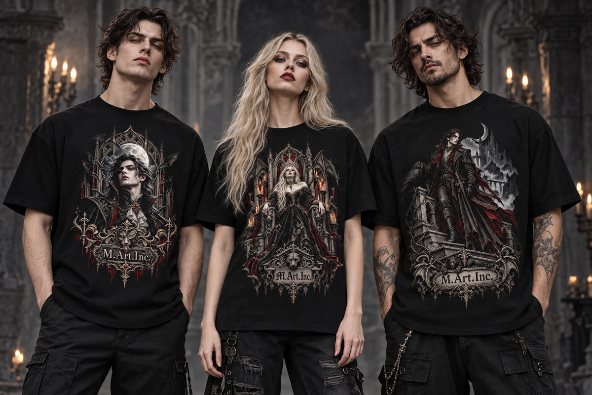 Three models wearing M.Art.Inc Vampire Portrait, Vampire Queen and Vampire Raven black T-shirts